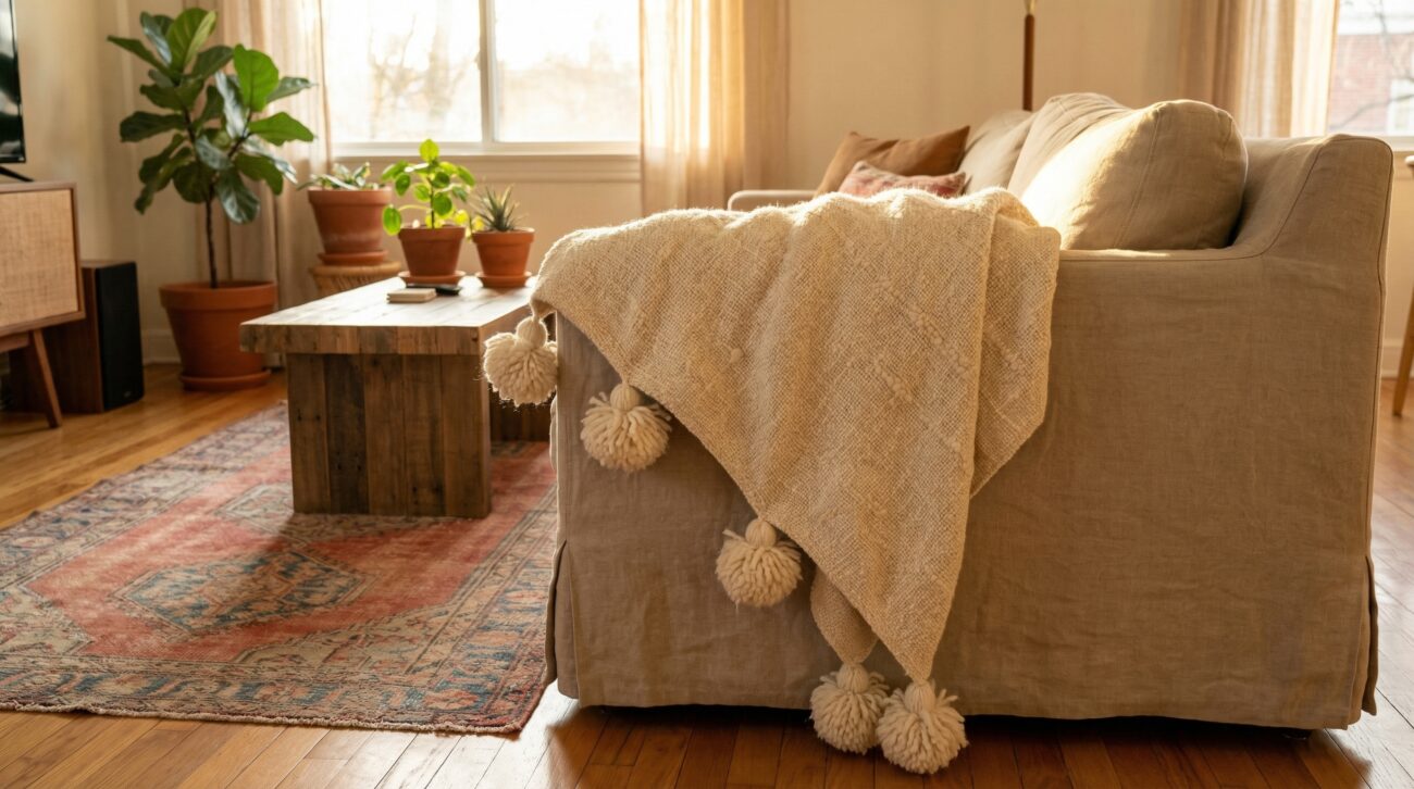 Una gran manta marroquí texturizada de color crema con pompones tradicionales, drapeada casualmente sobre un sofá de lino en un salón de estilo bohemio cálido, iluminado por la luz dorada del sol. Al fondo se aprecian muebles de madera natural, plantas y una alfombra bereber.