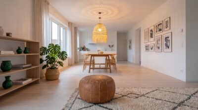 Salón y comedor de concepto abierto estilo Scandi-Boho con paredes blancas, puf de cuero marroquí color camel, alfombra Beni Ouarain, lámpara de rafia iluminada y cesto de esparto.