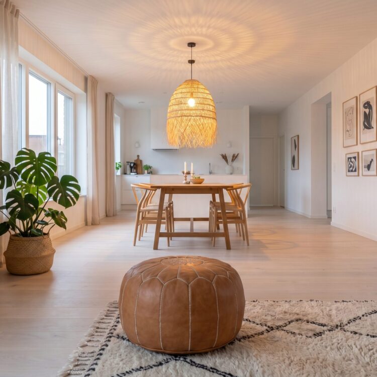 Salón y comedor de concepto abierto estilo Scandi-Boho con paredes blancas, puf de cuero marroquí color camel, alfombra Beni Ouarain, lámpara de rafia iluminada y cesto de esparto.